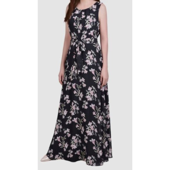 NY Collection Women's Floral Print Chiffon Maxi Dress Black Pink Size XL NWT - Picture 1 of 7